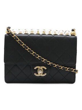 Chanel Quilted CC Logo Clear Pearl Chain Shoulder Bag Flap Goatskin Black Gold